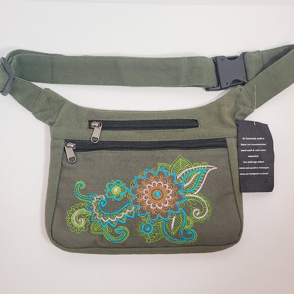 Olive Green Embroidered Fanny Pack - Boho Floral Design - Picture 2 of 11